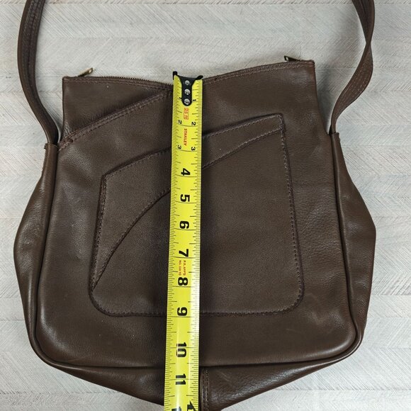 Vintage 60s Brown Genuine Leather Shoulder Bag Asymmetrical Boho Hippie - Picture 9 of 11
